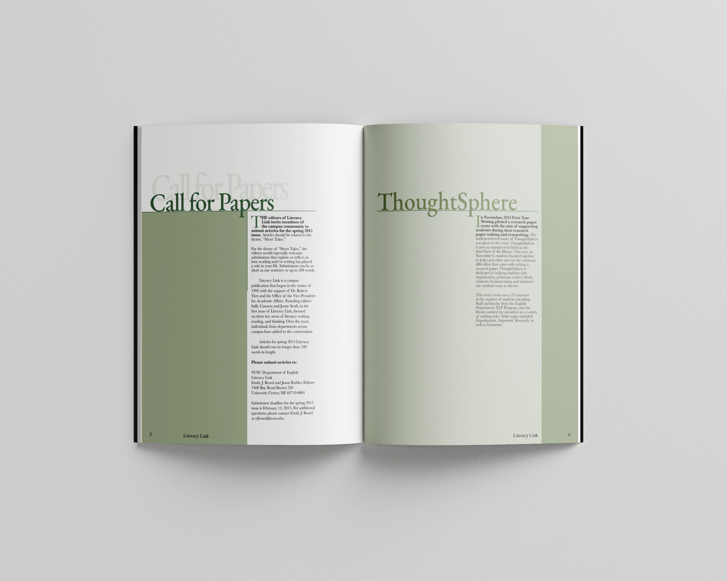 An open book sitting on a plain white background. The pages are white with different shades of green. Each page has a different article with a different topic.